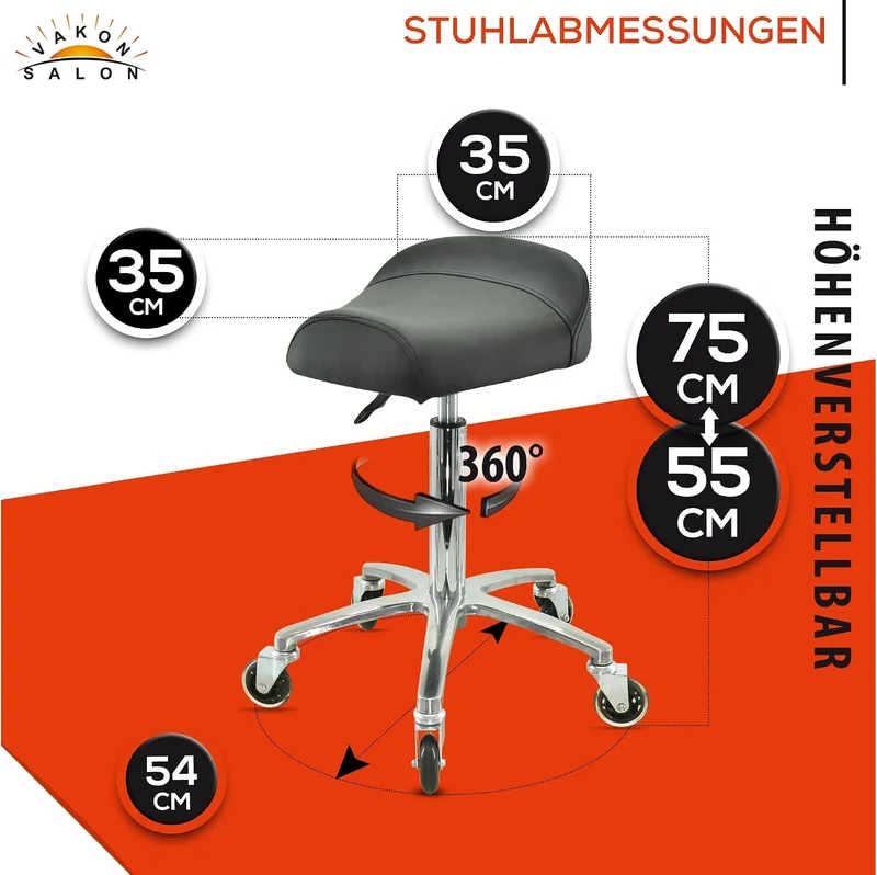VAKON SALON - Breitsitz auf hochwertigen Rollen - höhenverstellbarer Drehhocker 55-75 cm, Rollhocker