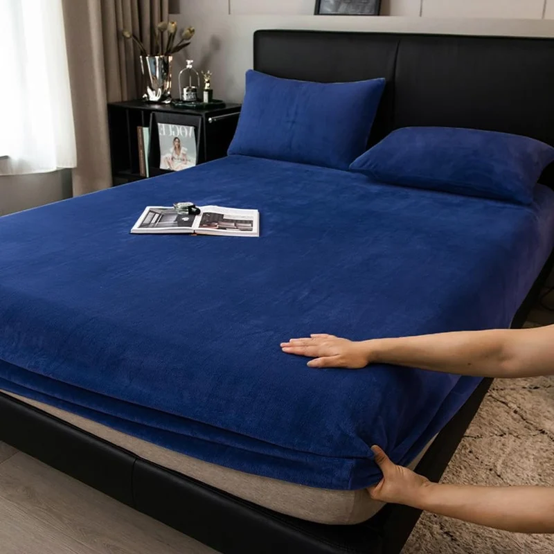 Boqingzhu Flauschige Plüsch Spannbettlaken 180x200cm Blau Dunkelblau Fleece Flanell Cashmere Touch S