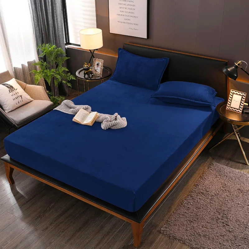 Boqingzhu Flauschige Plüsch Spannbettlaken 180x200cm Blau Dunkelblau Fleece Flanell Cashmere Touch S