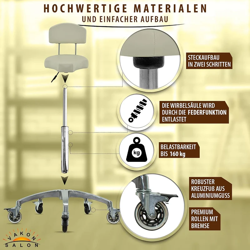 VAKON SALON - Ergonomischer Rollhocker mit Lehne in Weiss - Rollen mit Bremse - Höhenverstellbarer v