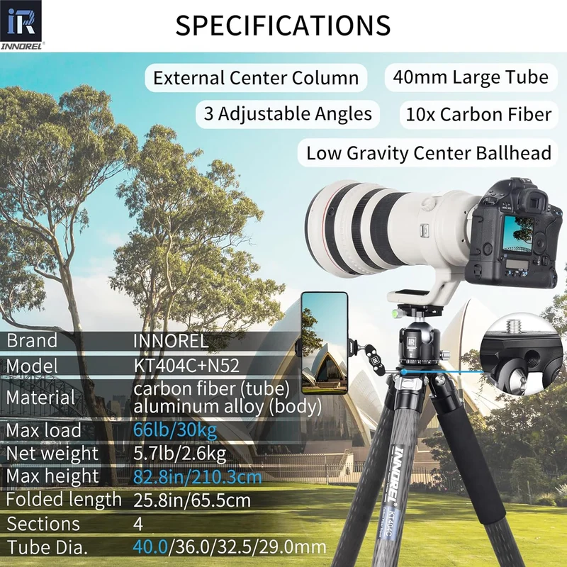 INNOREL KT404C Kompaktes Stativ aus 10 Lagen Kohlefaser Professionelles 40mm Rohr für Digitale DSLR-