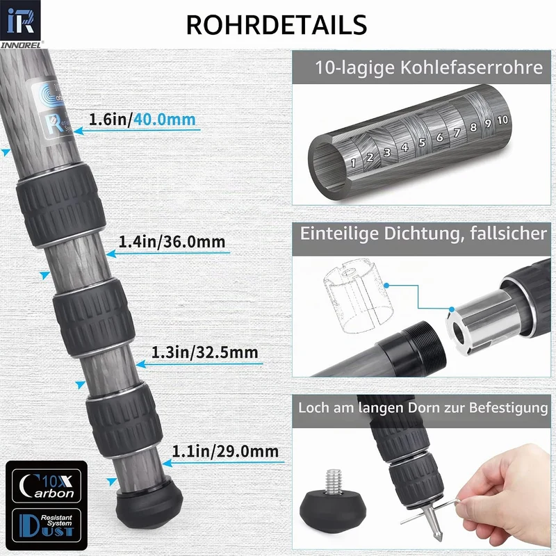 INNOREL KT404C Kompaktes Stativ aus 10 Lagen Kohlefaser Professionelles 40mm Rohr für Digitale DSLR-