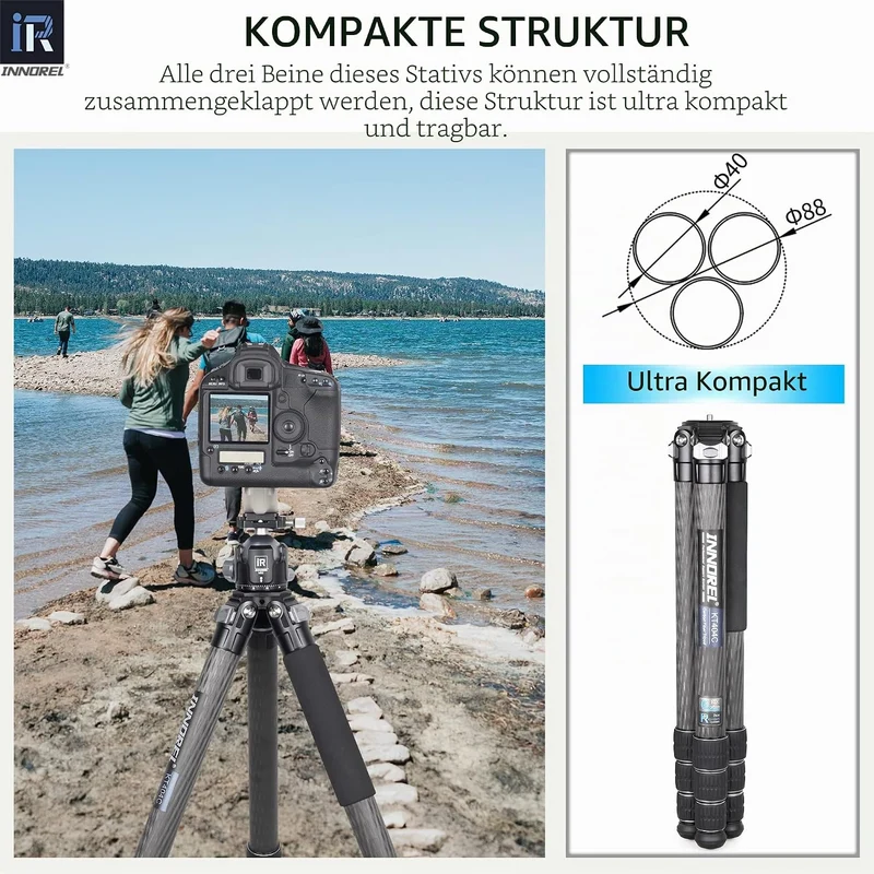 INNOREL KT404C Kompaktes Stativ aus 10 Lagen Kohlefaser Professionelles 40mm Rohr für Digitale DSLR-
