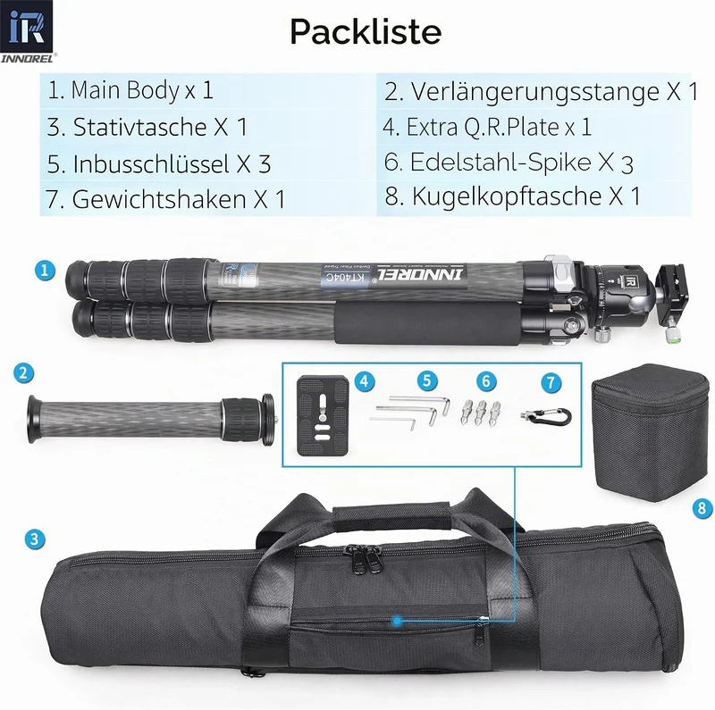 INNOREL KT404C Kompaktes Stativ aus 10 Lagen Kohlefaser Professionelles 40mm Rohr für Digitale DSLR-