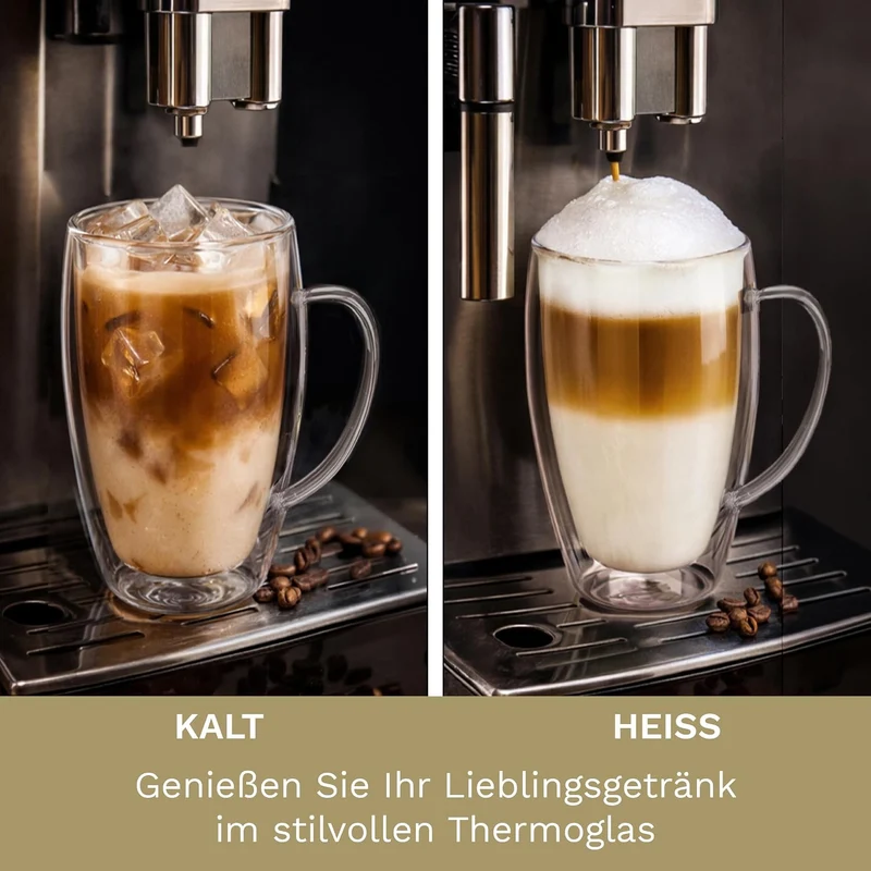 Creano doppelwandiges Thermoglas mit Henkel 250ml, grosses Doppelwandglas aus Borosilikatglas, Kaffe