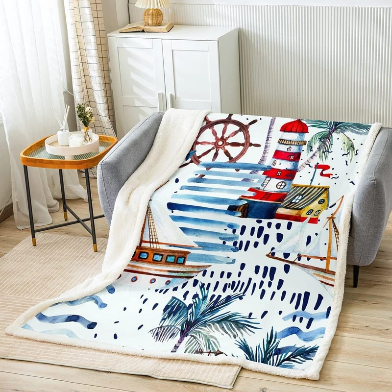 Nautisches Wohndecke 150x200cm Abenteuer Ozean Theme Dekor für Stuhl Sofa Couch Leuchtturm Anker Kus