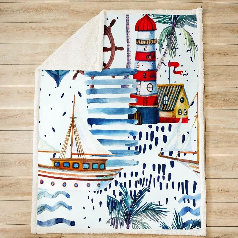 Nautisches Wohndecke 150x200cm Abenteuer Ozean Theme Dekor für Stuhl Sofa Couch Leuchtturm Anker Kus