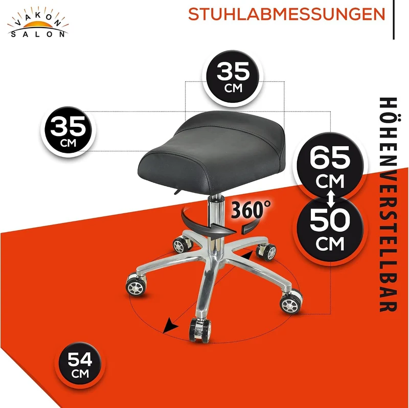 VAKON SALON - Breitsitz Arbeitshocker auf Rollen, höhenverstellbar von 50-65 cm - Drehhocker, Rollho