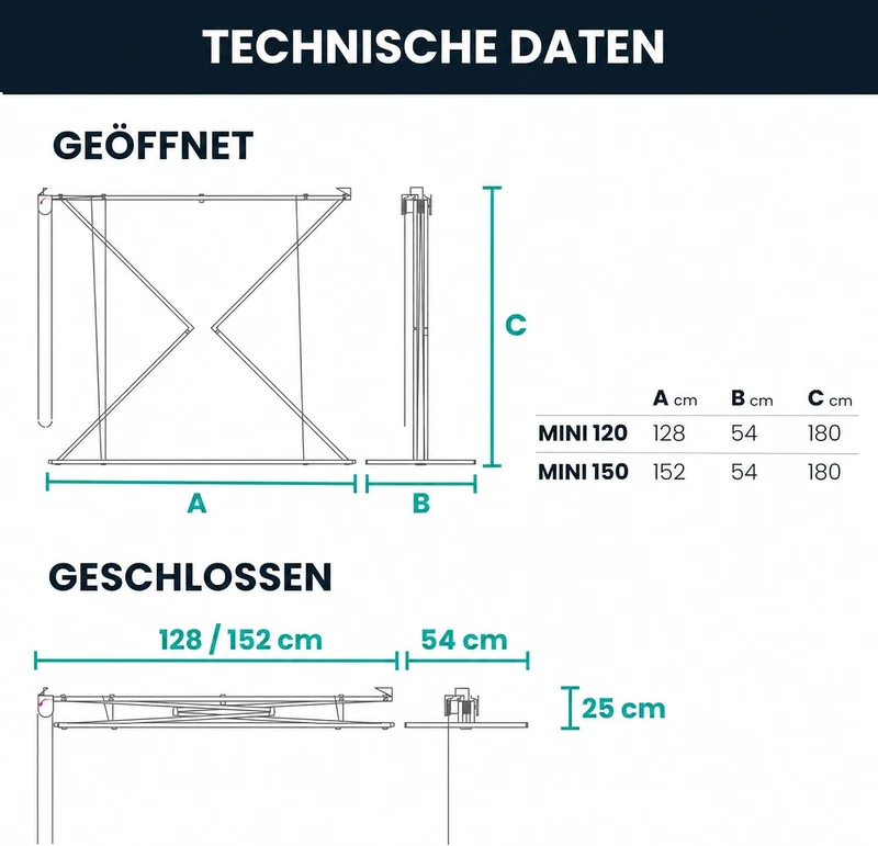 Foxydry Mini Deckenständer, vertikaler Wäscheständer, zusammenklappbar in Aluminium und Stahl 128x54