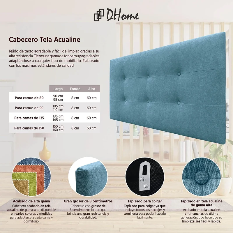 DHOME Kopfteil, gepolstertes Bett Kopfteil 8cm dick. Gepolstertes Kopfteil ACUALINE Stoff und Kunstl