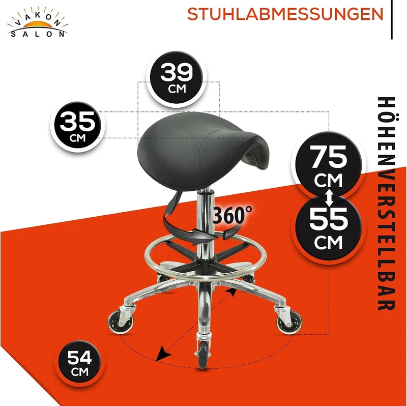 VAKON SALON - Sattelhocker auf hochwertigen Rollen mit Fussring - höhenverstellbarer Drehhocker 55-7