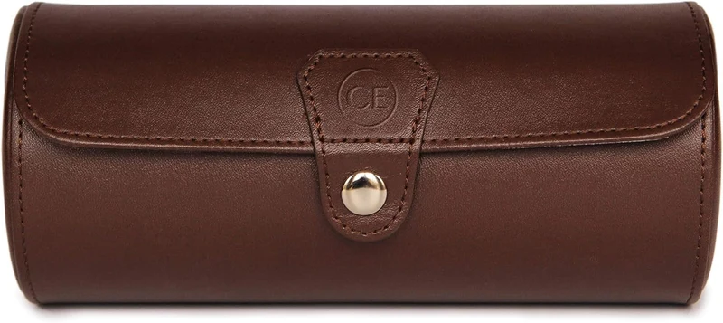 CASE ELEGANCE Tragbare Uhrenbox für Damen/Herren aus Kunstleder, Aufbewahrungsbox für 3 Uhren (braun