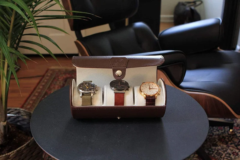 CASE ELEGANCE Tragbare Uhrenbox für Damen/Herren aus Kunstleder, Aufbewahrungsbox für 3 Uhren (braun