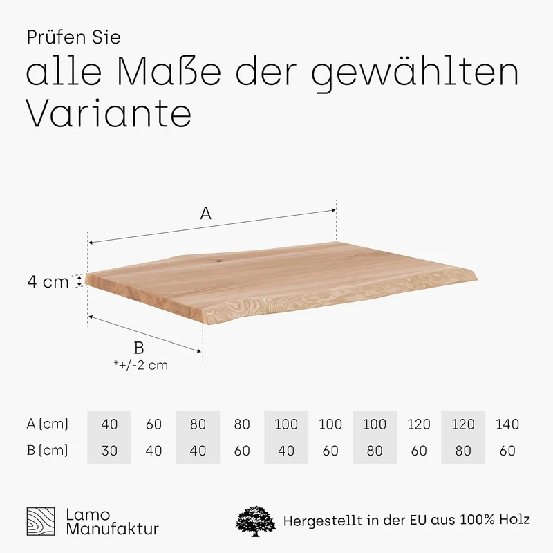 LAMO Manufaktur Holzplatte für Wohnzimmertisch Küchentisch Kücheninsel, Tischplatte Baumkante 100x60
