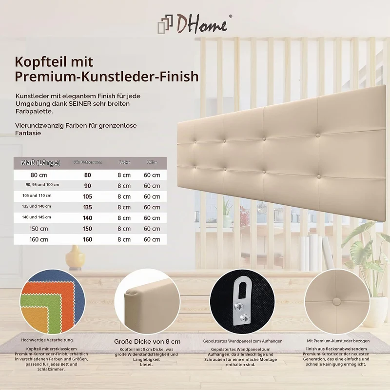 DHOME Kopfteil, gepolstertes Bett Kopfteil 8cm dick. Gepolstertes Kopfteil ACUALINE Stoff und Kunstl