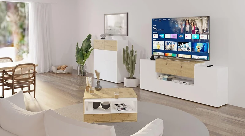 FMD Möbel Olpe TV-Board, Holzwerkstoff, Brillantweiss/Artisan Eiche, rechteckig