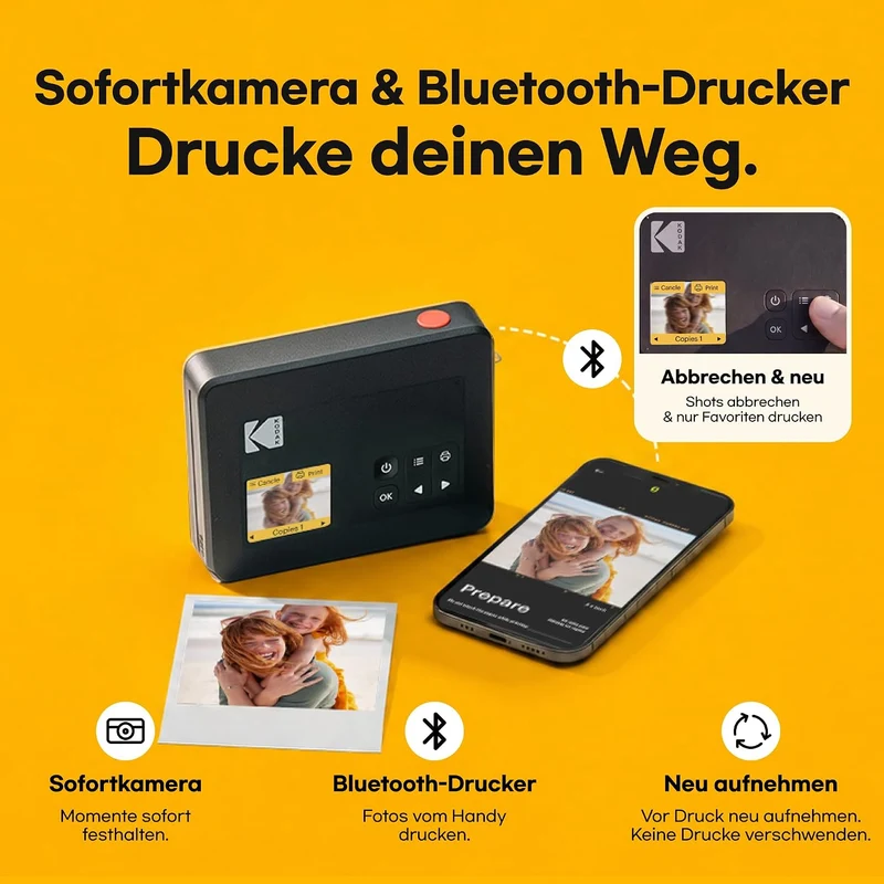 KODAK Mini Shot 3 Retro 4PASS 2-in-1 Sofortbildkamera und Fotodrucker (7,6x7,6cm) + 8 Blatts, Weiss