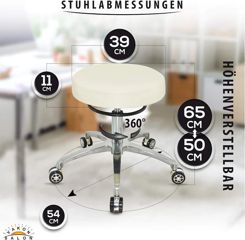 VAKON SALON - Design Rollhocker auf hochwertigen Rollen weiss - Höhenverstellbarer von 50 bis 65 cm