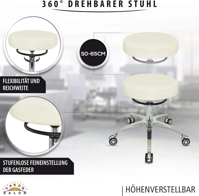 VAKON SALON - Design Rollhocker auf hochwertigen Rollen weiss - Höhenverstellbarer von 50 bis 65 cm