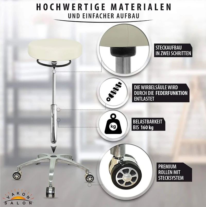 VAKON SALON - Design Rollhocker auf hochwertigen Rollen weiss - Höhenverstellbarer von 50 bis 65 cm