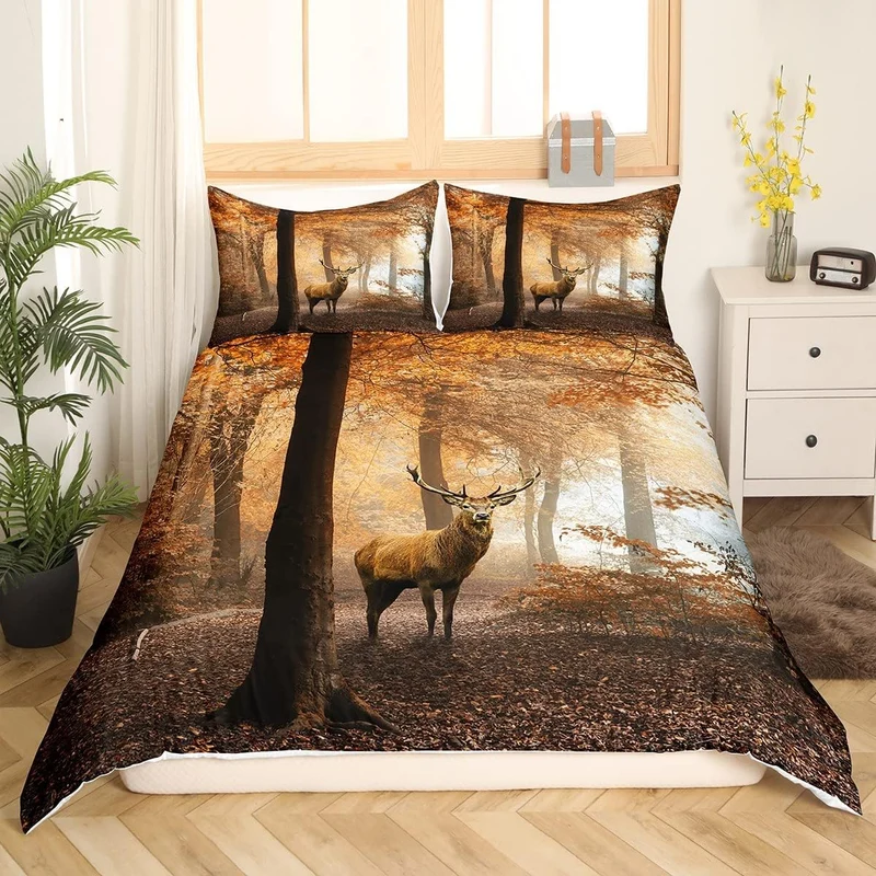 Wald Hirsch Bettw?sche Set Braun Elch Bettbezug Set 135x200cm für Kinder Jugendliche Erwachsene Deko