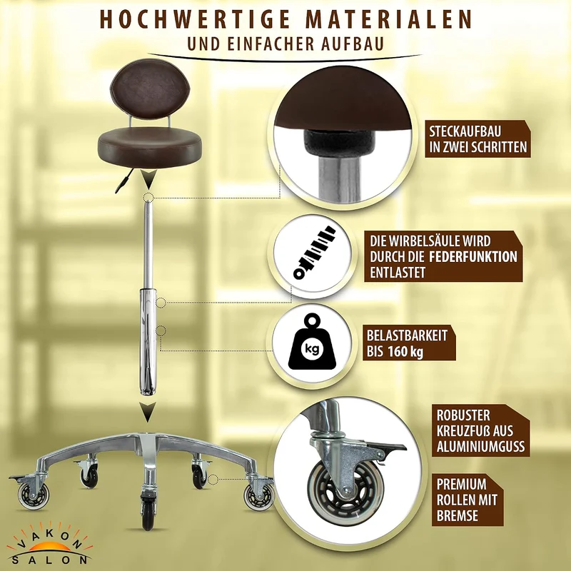 VAKON SALON - Rollhocker mit ovaler Lehne in Braun - Rollen mit Bremse - Höhenverstellbarer von 50 b