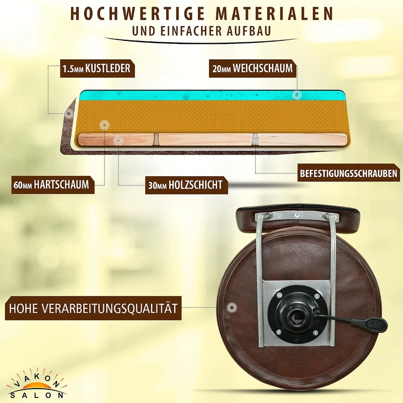 VAKON SALON - Rollhocker mit ovaler Lehne in Braun - Rollen mit Bremse - Höhenverstellbarer von 50 b