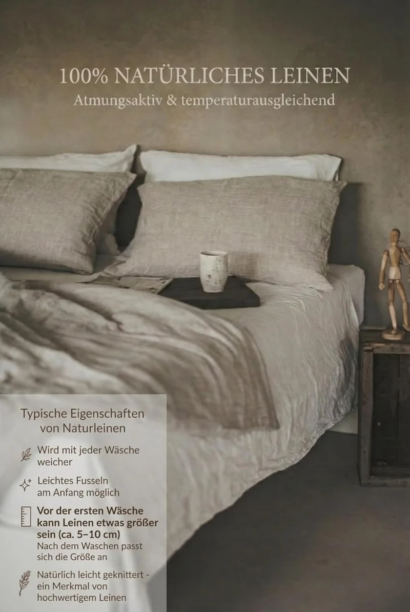 Ger3as Leinen Bettwäsche Set 100% Natur Leinen Stonewashed, Naturfaser Leinen, mit Hotelverschluss (