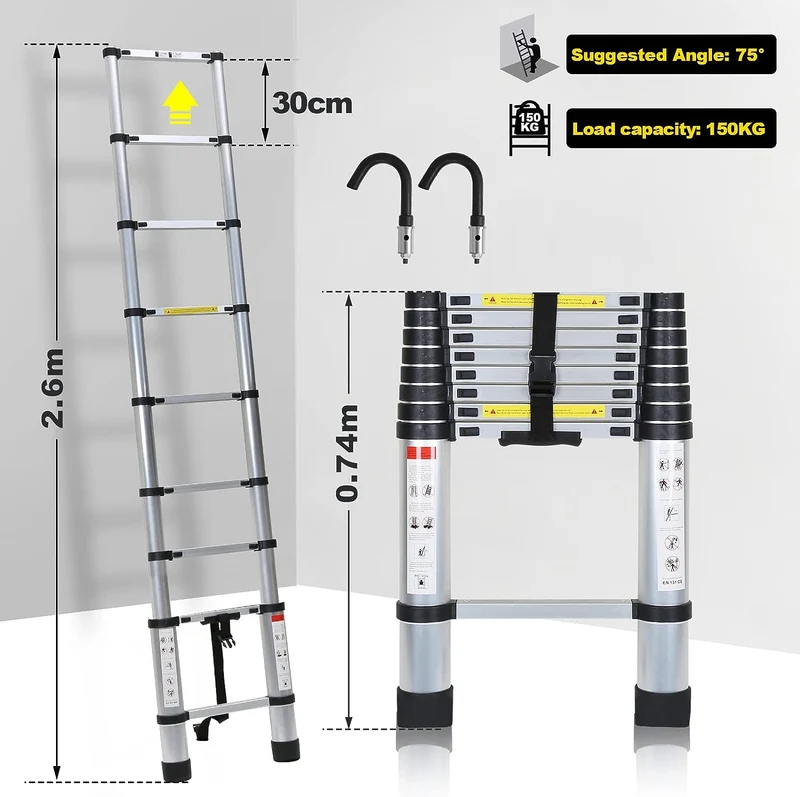 Ansobea Teleskopleiter 2.6m mit Abnehmbarem Haken, Aluminium Leiter Ausziehbar, Mehrzweckleiter Tele