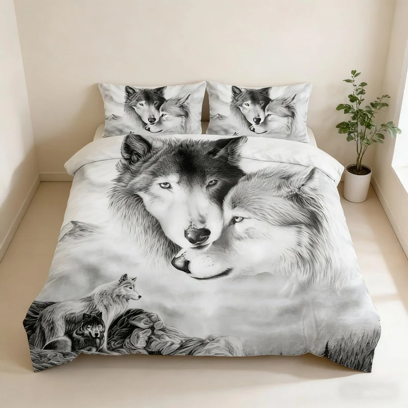 CIUNVXD 3D Wolf Theme Muster Bettbezug,3D Realistisches Tier Wolf Motiv Bettwäsche Set,Wolf-Motiv-Dr