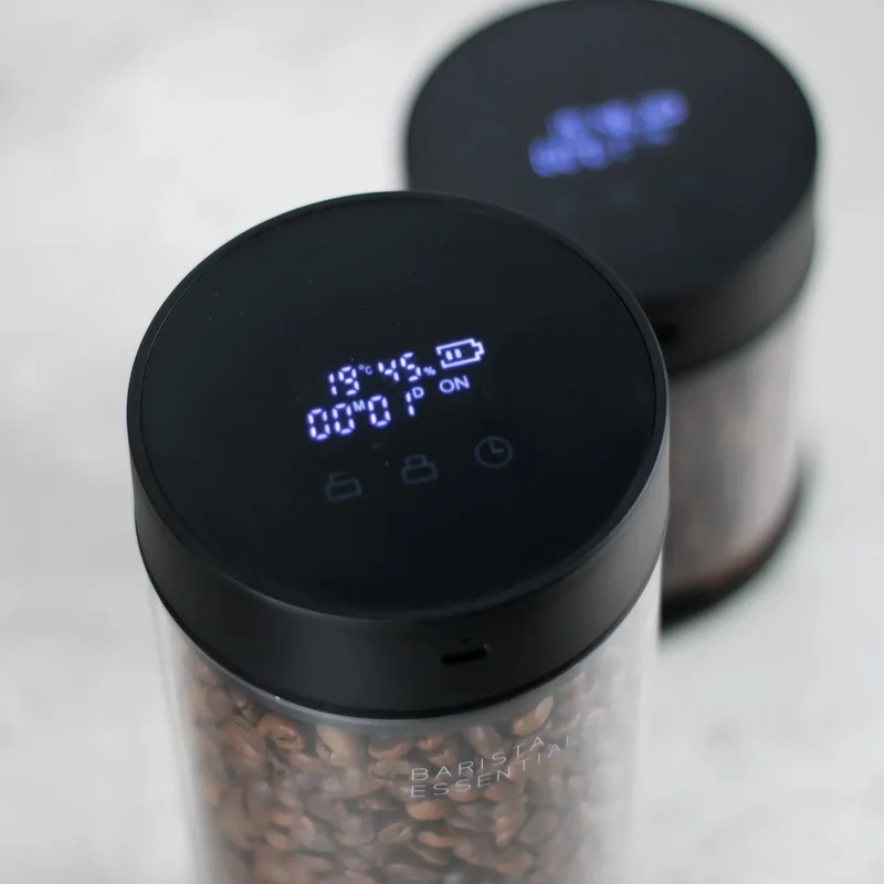 Luftdichte Kaffeedose aus Glas mit elektronischer Pumpe, Thermometer und Messung von Luftfeuchtigkeit