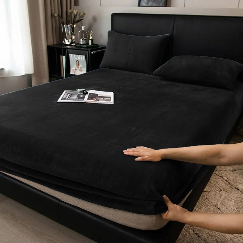 Boqingzhu Flauschige Plüsch Spannbettlaken 200x200cm Schwarz Fleece Flanell Cashmere Touch Spannbett