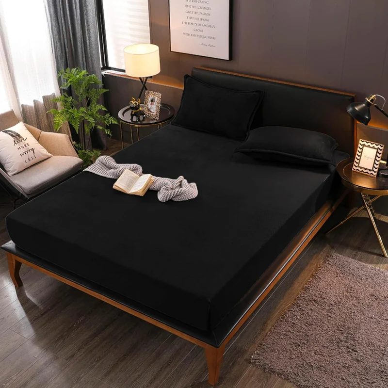 Boqingzhu Flauschige Plüsch Spannbettlaken 200x200cm Schwarz Fleece Flanell Cashmere Touch Spannbett