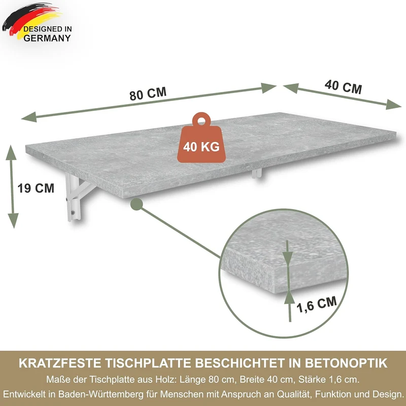 KDR Produktgestaltung Wandklapptisch Schreibtisch Tischplatte 80x40 cm in Betonoptik Klapptisch Esst