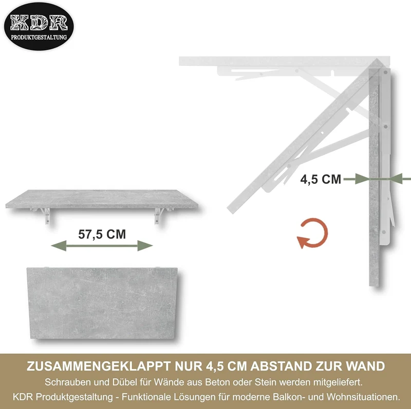 KDR Produktgestaltung Wandklapptisch Schreibtisch Tischplatte 80x40 cm in Betonoptik Klapptisch Esst