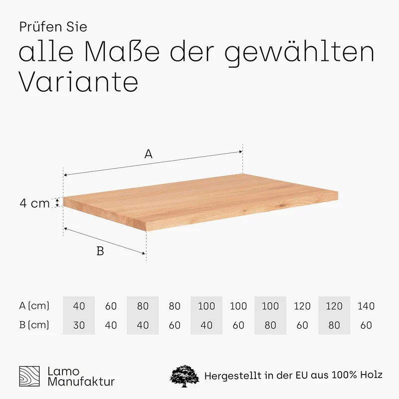 LAMO Manufaktur Holzplatte für Schreibtisch Tischplatte Massivholz Schreibtischplatte 100x80 cm, Nat