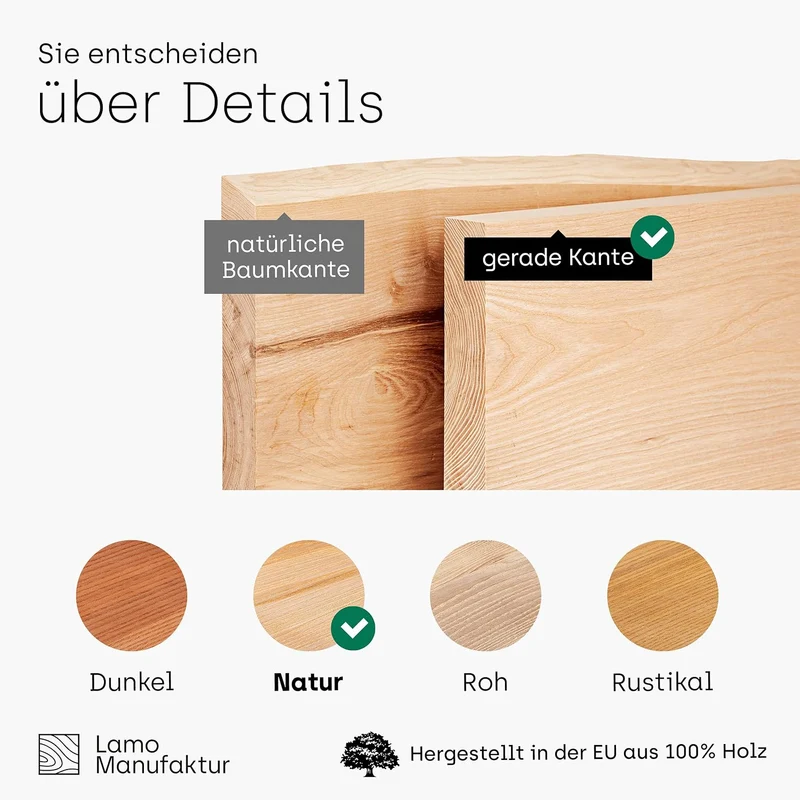 LAMO Manufaktur Holzplatte für Schreibtisch Tischplatte Massivholz Schreibtischplatte 100x80 cm, Nat