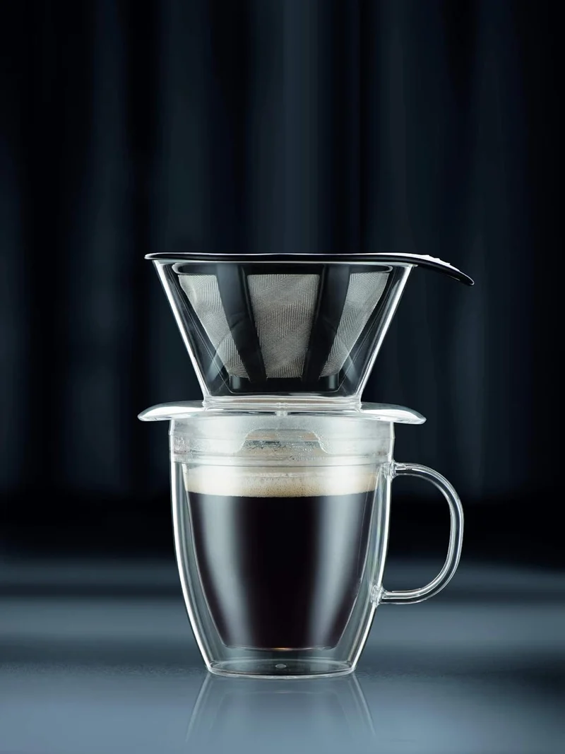 Bodum Pour Over Kaffee-Tropfer-Set mit doppelwandigem Becher und Permanentfilter, 340 ml, transparen