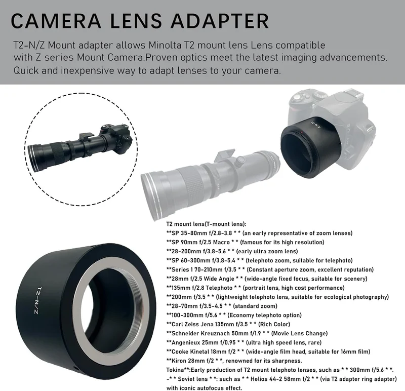 T2-Niko Z Objektivadapter Adapterring,T-Mount T2 Schraubgewinde Objektiv Kompatibel für Nikon Z 7 un