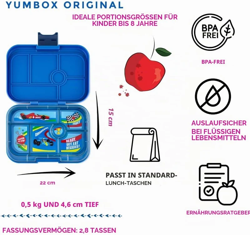 Yumbox Original M Lunchbox (Surf Blue, Race Cars) - Brotdose 6 Fächer, mittelgross | Bento Box für K