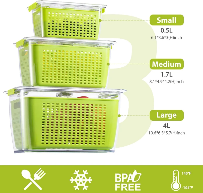 Luxear Frischhaltedosen Obst Gemüse mit Deckel, Vorratsdosen 3 Set 4,5L+1,7L+0,48L BPA frei, Frischh
