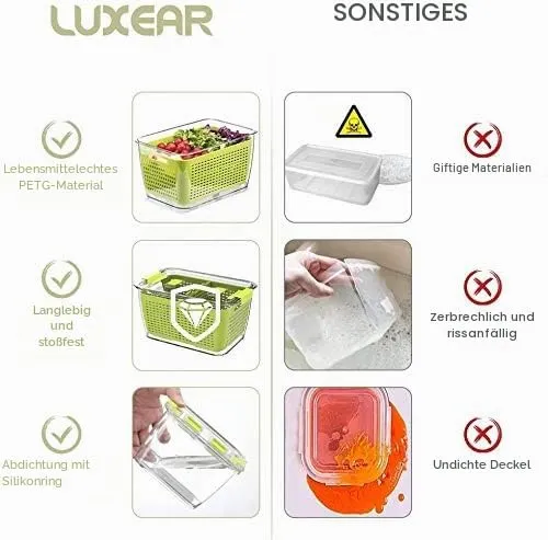 Luxear Frischhaltedosen Obst Gemüse mit Deckel, Vorratsdosen 3 Set 4,5L+1,7L+0,48L BPA frei, Frischh