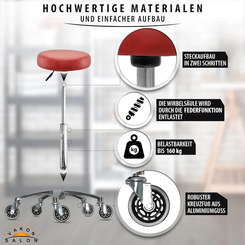 VAKON SALON - Premium Rollhocker Rot - Höhenverstellbar von 50-65 cm - Rundsitz Drehhocker Arbeitsho
