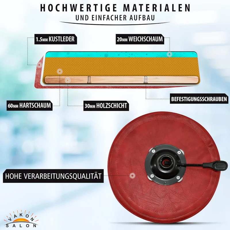 VAKON SALON - Premium Rollhocker Rot - Höhenverstellbar von 50-65 cm - Rundsitz Drehhocker Arbeitsho
