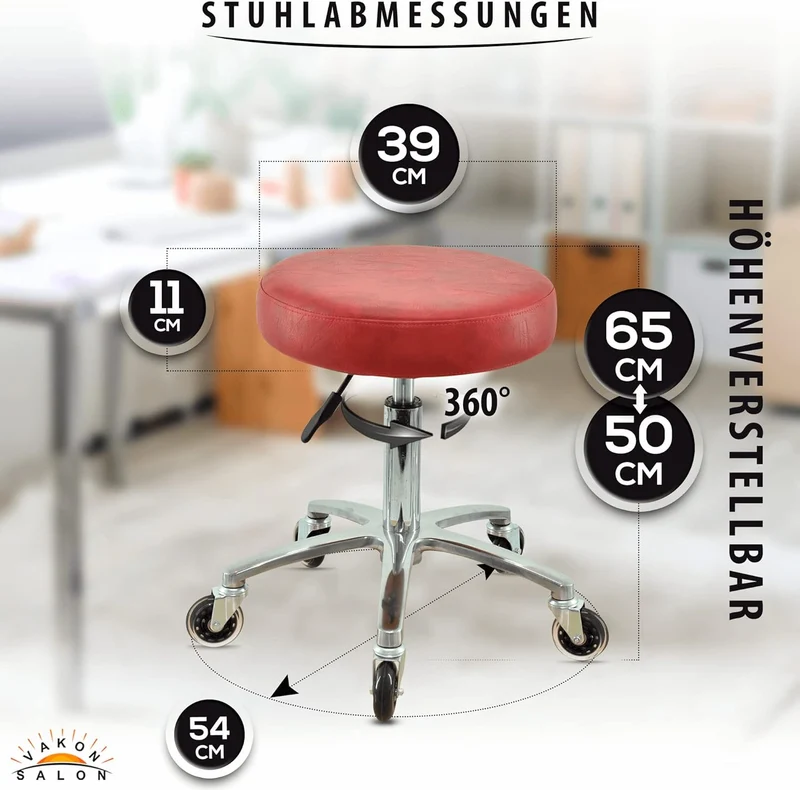 VAKON SALON - Premium Rollhocker Rot - Höhenverstellbar von 50-65 cm - Rundsitz Drehhocker Arbeitsho