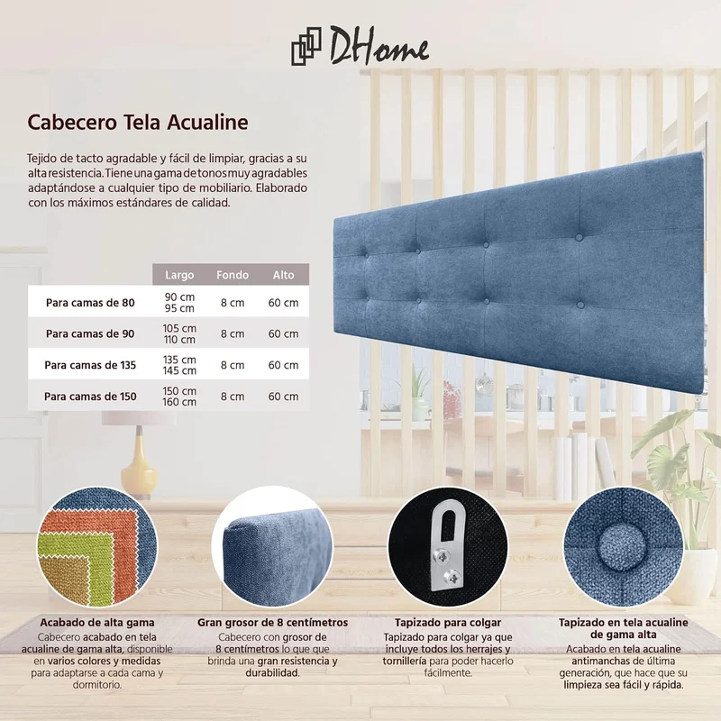 DHOME Kopfteil, gepolstertes Bett Kopfteil 8cm dick. Gepolstertes Kopfteil ACUALINE Stoff und Kunstl