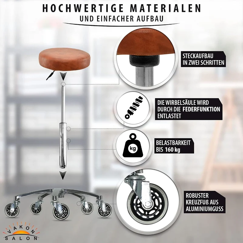 VAKON SALON - Premium Rollhocker Hellbraun höhenverstellbar von 50 bis 65 cm - Rundsitz- Drehhocker
