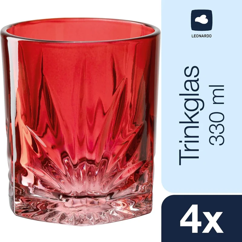 Leonardo Capri Trink-Gläser 4er Set rot, spülmaschinenfeste Saft-Gläser mit Relief Facetten-Schliff,