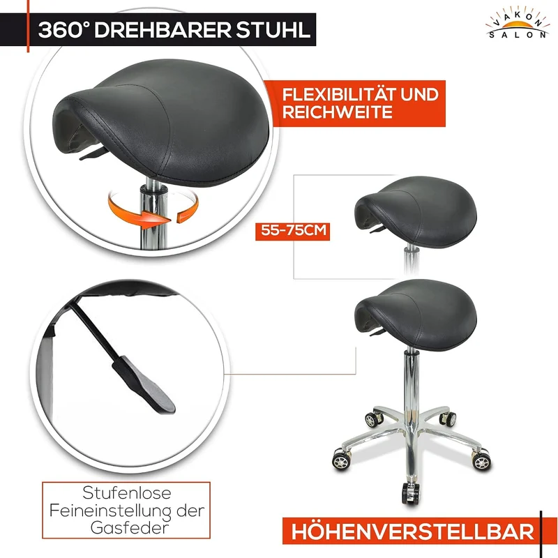 VAKON SALON - Ergonomischer Sattelhocker auf Rollen, höhenverstellbar von 55-75 cm - Drehhocker, Rol