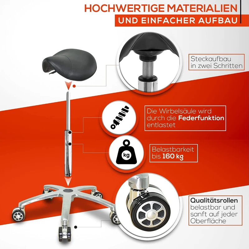 VAKON SALON - Ergonomischer Sattelhocker auf Rollen, höhenverstellbar von 55-75 cm - Drehhocker, Rol